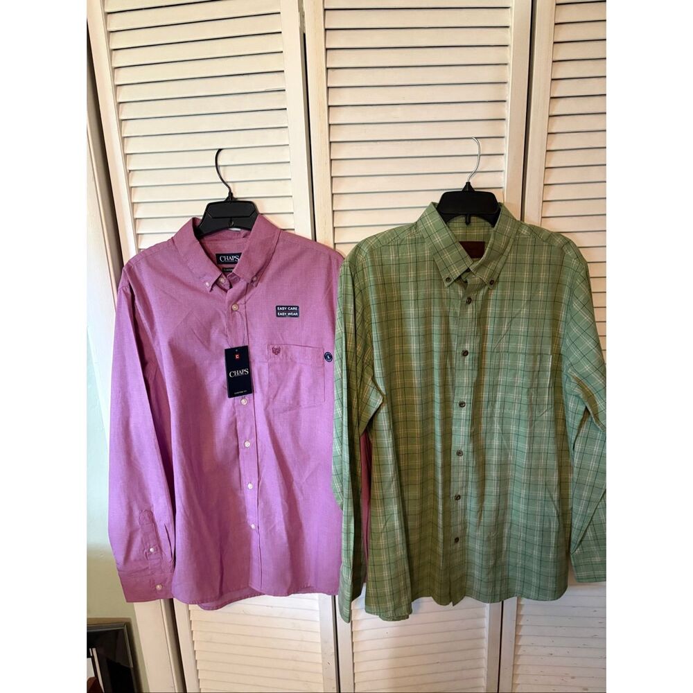 TWO Mens Button Front Shirts, size Large, Long Sleeves, Green Plaid and Red Mini